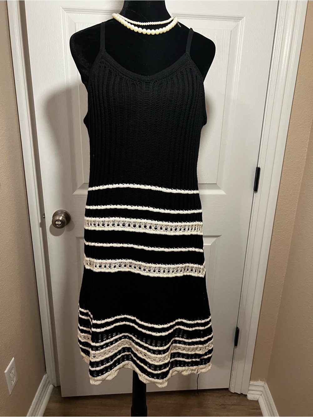 a.n.a Black Knit Midi Dress with White Stripes